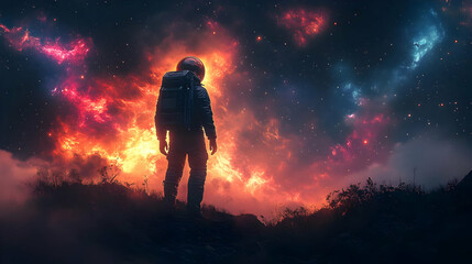 Astronaut gazes at a vibrant cosmic scene in space.