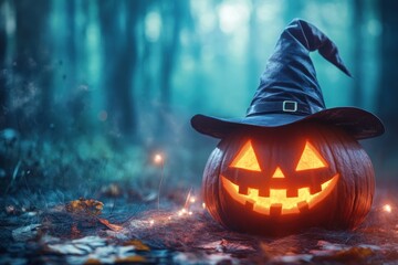 Fototapeta premium Enchanting Halloween Pumpkin in Mystical Forest Setting