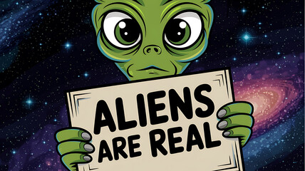Green alien holding a sign that says Aliens are Real against a starry galaxy background. Humorous and playful design for social media, blogs, and websites. 
