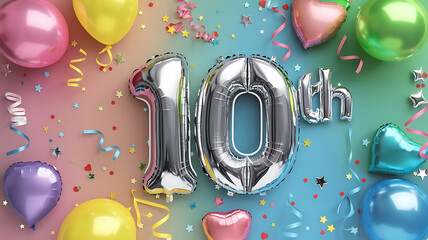 Silver balloons spell out 10th on a colorful background with confetti and balloons. Celebrate a milestone birthday. 
