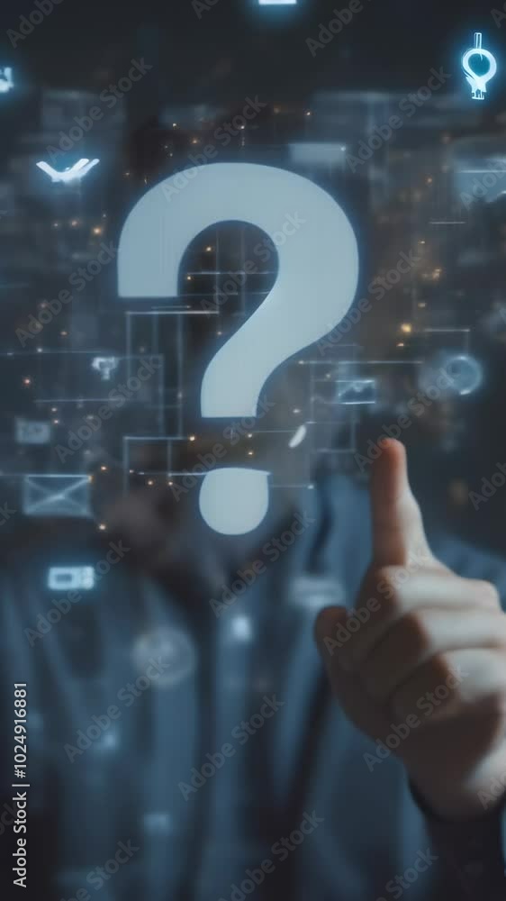 Poster Businessman is pointing a finger to a question mark surrounded by digital icons, representing business solutions and problem solving