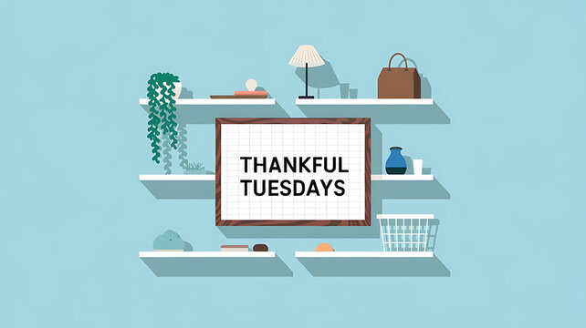 Minimalist flat design shelves with green plant and blue vase, promoting gratitude and positivity. 
