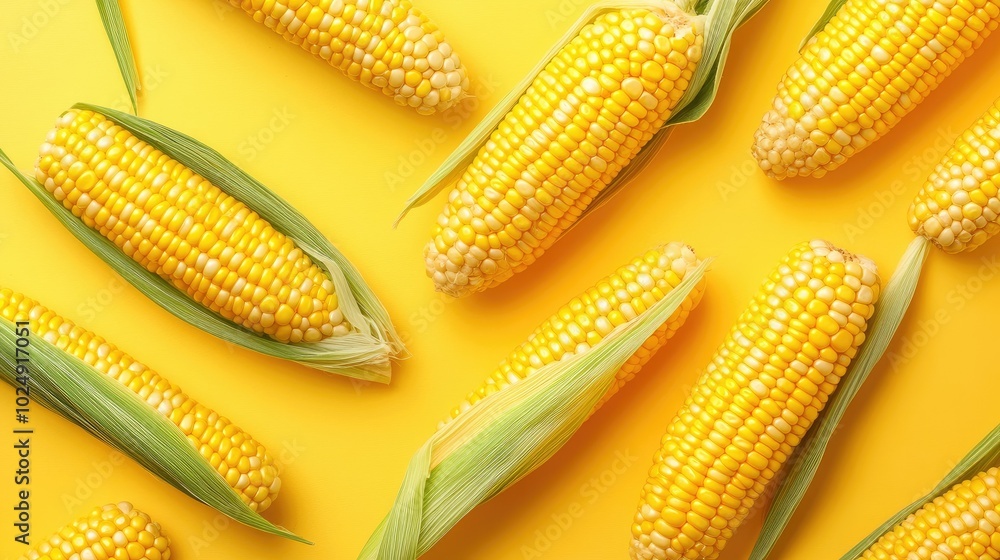 Poster top view of raw corn cobs arranged on a clean background with plenty of room for copy or design elem