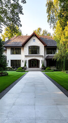 Design a country house with a large stone chimney and natural wood exteriors