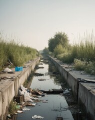 Fototapeta premium Pollution in Abandoned Canal with Litter and Vegetation.