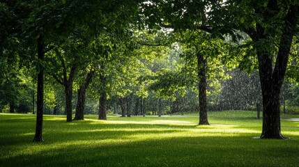 A rainy day in the park with soft light filtering through the trees, raindrops falling gently on the grass.