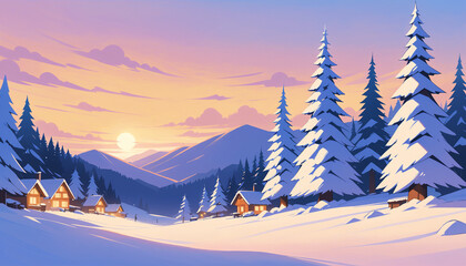 Fototapeta premium Charming winter sunset over snow-covered mountains and cozy cabins in serene landscape 