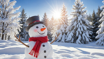 Obraz premium Snowman smiling joyfully in winter forest with sun shining 