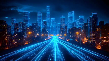 A futuristic cityscape illuminated by blue lights and digital elements.