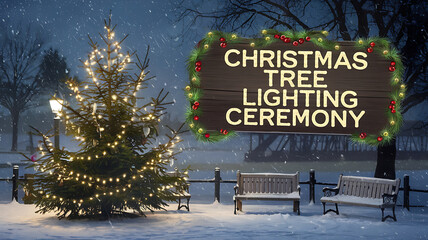 Snowy Christmas tree lighting ceremony with green and brown colors, perfect for winter holiday celebrations. 
