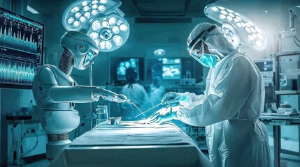 Humanoid robot assisting scientists in a futuristic lab