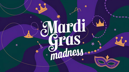 Purple and green Mardi Gras celebration with gold crowns and beads. 
