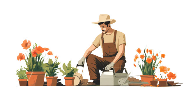gardener tending orange flowers in pots clip art preview