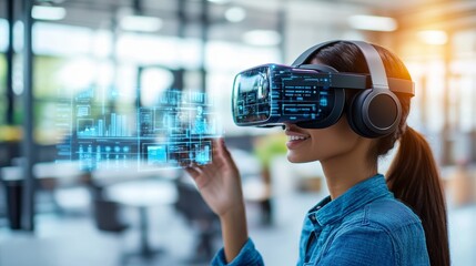 Smiling Businesswoman Using VR Headset For Data Analysis, Immersive Technology In The Workplace.