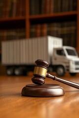 Fototapeta premium A gavel rests on a wooden surface with a truck in the background
