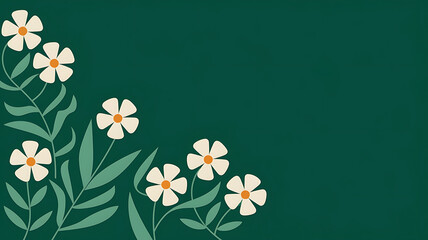 White flowers and green leaves on a dark green background, minimalist design, spring and nature. 
