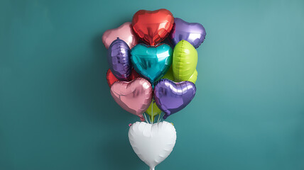 Colorful heart shaped balloons on teal background, Valentine's Day celebration. 
