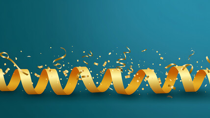 Golden ribbon and confetti on blue background, festive celebration, joyful mood. 
