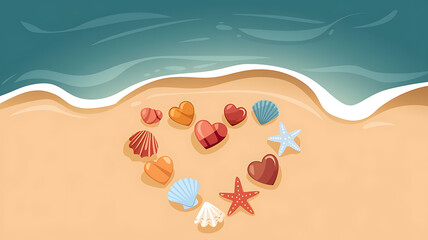 Seashells and starfish form a heart on a sandy beach, blue water in the background, summer romance. 
