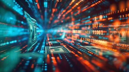 A dynamic representation of money transfer technology featuring flowing dollar bills amidst a vibrant digital data stream