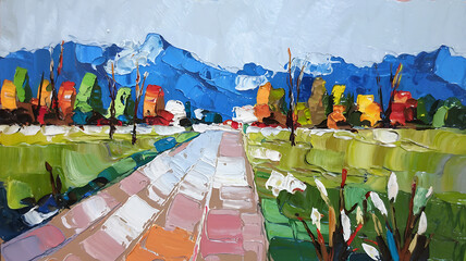 Vibrant colorful landscape with blue mountains and green fields, perfect for nature and travel projects. 
