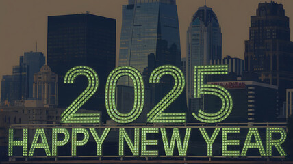 Green illuminated 2025 sign against city skyline, New Year celebration, hope and optimism. 
