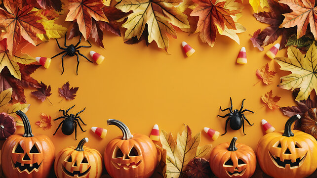 Orange pumpkins and black spiders on yellow background, Halloween festive design. 
