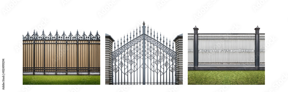 Aufkleber three different styles of metal fences with decorative tops and green grass in front.