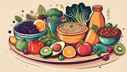 Vector illustrations of healthy food items like fruits, vegetables, and vegan dishes in a hand-drawn or flat style