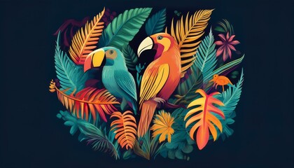 Tropical flora and fauna: palm leaves, exotic birds, and jungle animals in a colorful, stylized vector set.