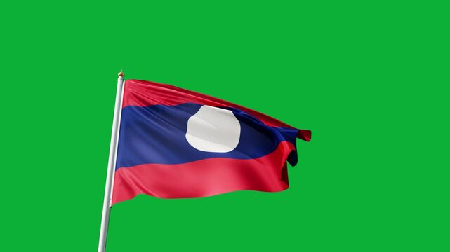 flag of Laos on a green screen, no background, transparent background, waving in the wind, national symbol of Laos, asian country, tall flagpole, video of a flag