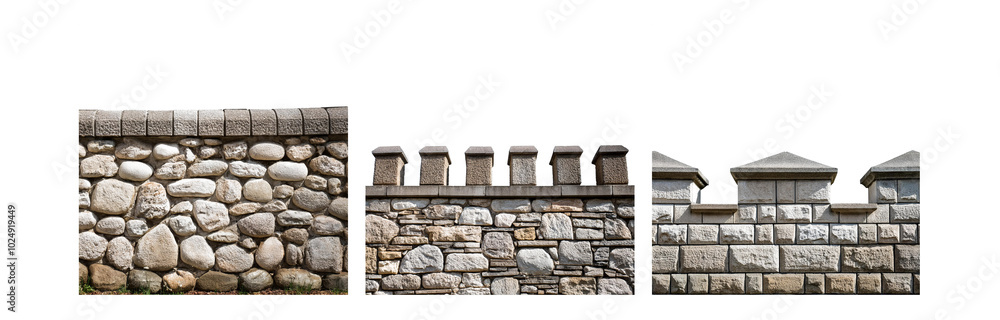 Poster stone wall with different sized stones and mortar. there are several sections to the wall, some with
