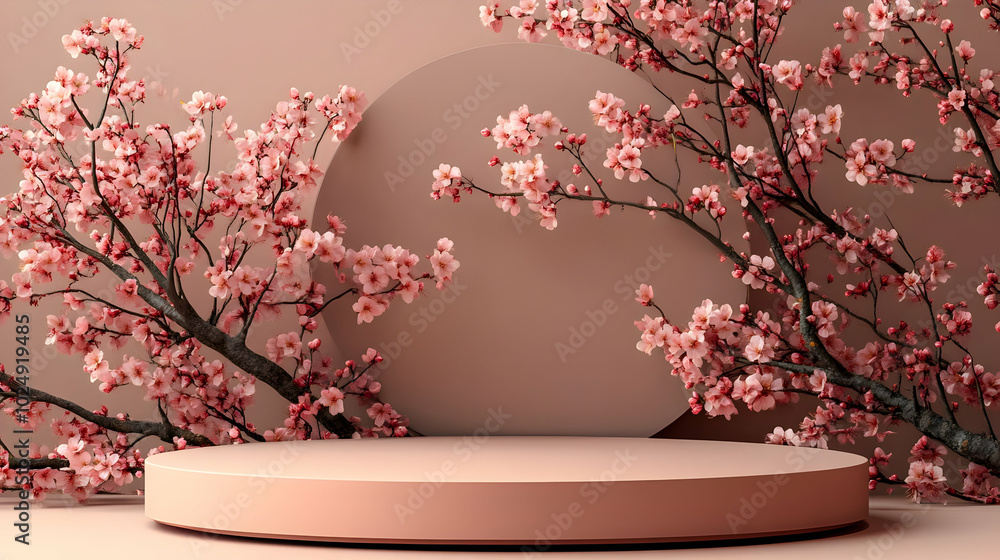 Poster elegant display with cherry blossom branches and a circular backdrop.