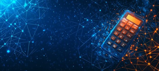 Digital Calculator On Abstract Blue Technology Background With Connected Dots Lines And Triangles