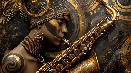 A flyer adorned with shimmering beaded dresses and delicate feathered headbands, mixed with bold jazz motifs like saxophones and sheet music.