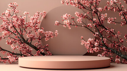 Elegant display with cherry blossom branches and a circular backdrop.