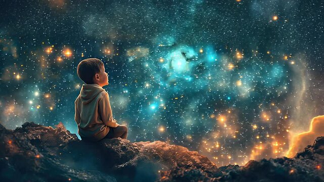 boy looking at night starry sky with glitter glow galaxy.  Created with generative AI.