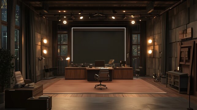 Office, virtual studio background with a movies concept. A custom 3D render backdrop, ideal for TV shows, online events, courses, product reviews etc.