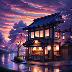 Japan beautiful scenery illustration