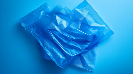 Obraz premium Crumpled blue plastic sheets arranged artistically on a solid blue background
