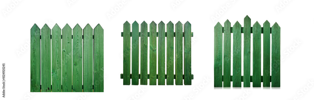 Poster three sections of a green wooden fence with pointed tops.