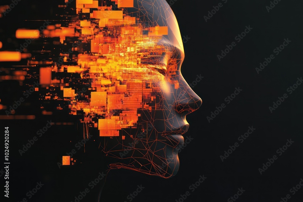 Poster striking abstract 3d face design with digital elements