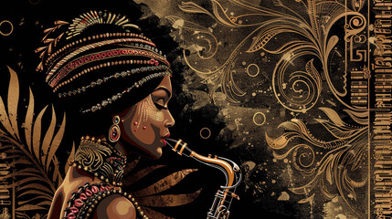 A flyer adorned with shimmering beaded dresses and delicate feathered headbands, mixed with bold jazz motifs like saxophones and sheet music.
