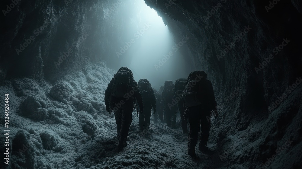 Poster explorers navigating a snowy cave, illuminated by soft light.
