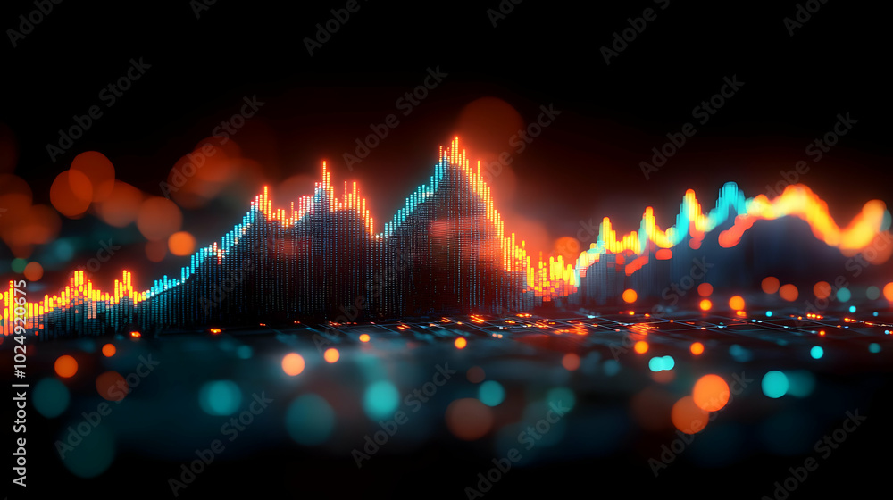 Poster abstract visualization of data with vibrant peaks and glowing elements.