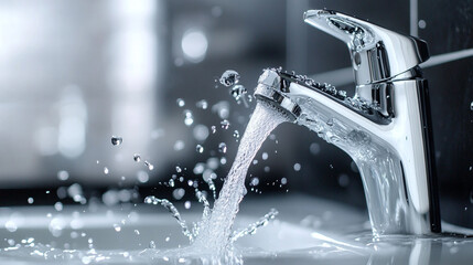 A modern faucet flowing with clear water in a stylish bathroom setting