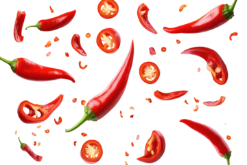Flying falling red chili peppers isolated on transparent or white background, png