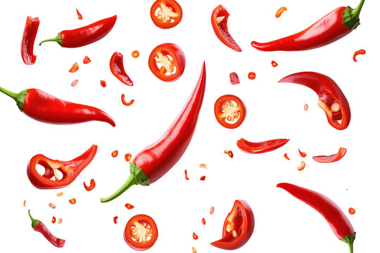 Flying falling red chili peppers isolated on transparent or white background, png