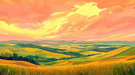 Obraz premium A serene countryside sunset with rolling green hills, golden fields, and a vibrant sky of pink and orange hues.