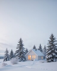 Cozy Winter Cabin in Serene Snowy Landscape.